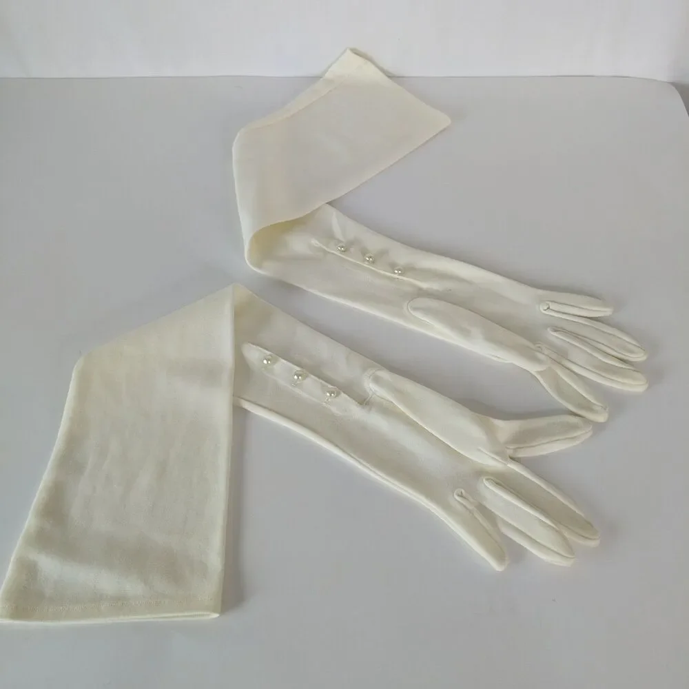 Townies Vintage Ivory Over Elbow X-Long 6.5 Evening Gloves Pearl Wrist Opera